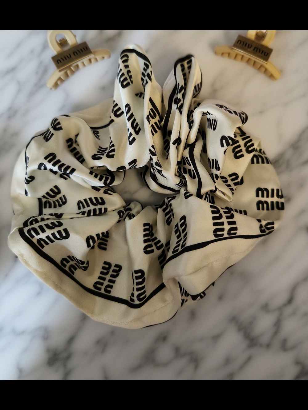 Miu Miu Logo Print Silk Scruncie & 2 Clips
